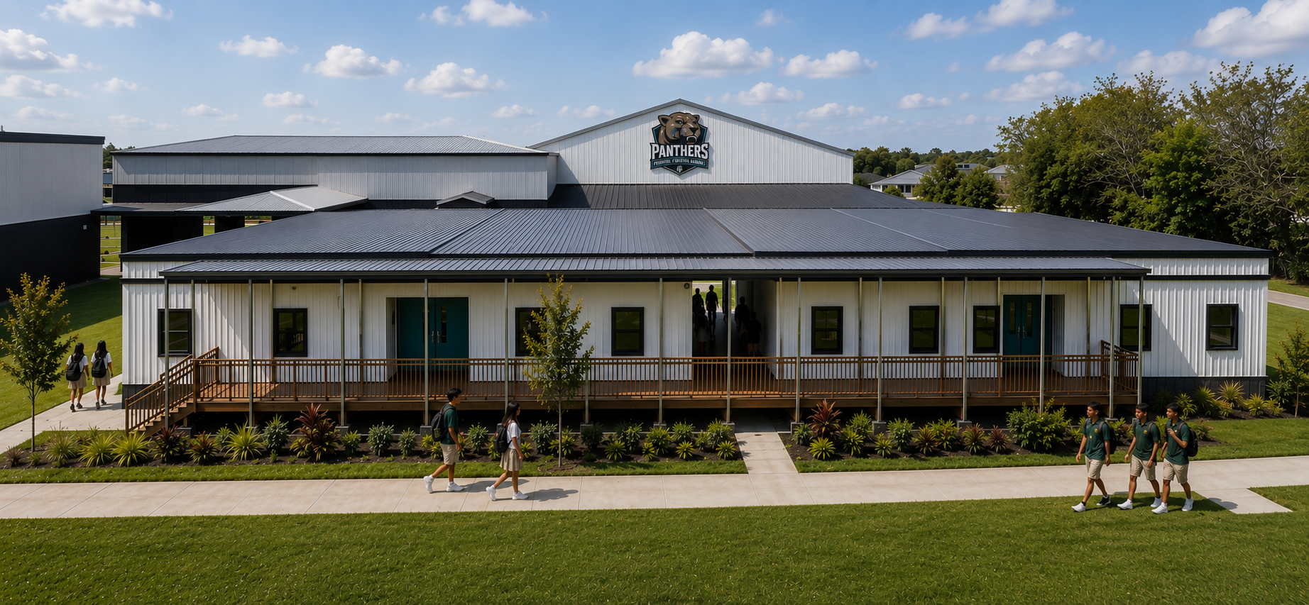 Panthers school building with a long covered walkway, logo on the front, and students walking along the path outside on a sunny day.